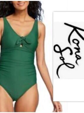 Kona Sol Green Tie-Front Ruched Full Coverage One Piece Swimsuit